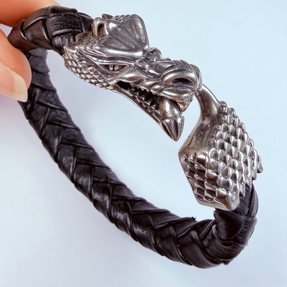 King Baby Large Dragon 925 Sterling Silver & Leather Braided Bracelet $985
